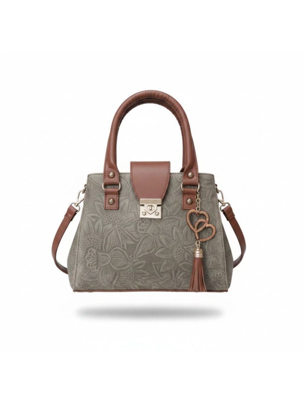 Gray Moss Green Tasseled Floral Embossed Tooled Artisan LEATHER Crossbody Purse - Picture 2 of 16
